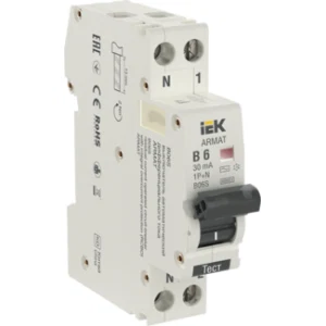 IEK ARMAT Автоматический выключатель дифференциального тока B06S 1P+NP B6 30мА тип AC (18мм) - AR-B06S-1N-B06C030 IEK ARMAT Автоматический выключатель дифференциального тока B06S 1P+NP B6 30мА тип AC (18мм) - AR-B06S-1N-B06C030